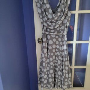 NWOT Cowl-neck Polka Dot Chiffon Dress by MSK, size 12, Gray and White